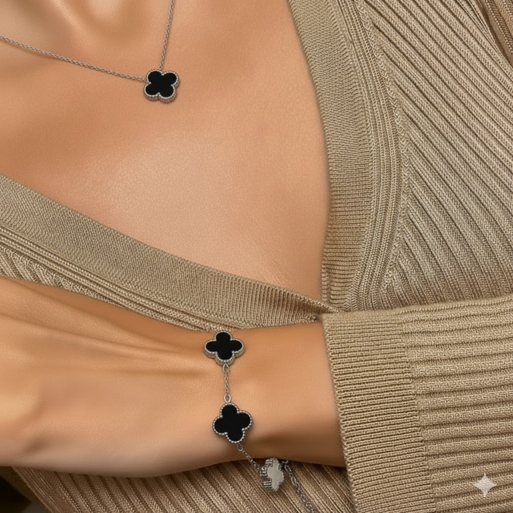 Collier Daniella Trèfle Argent/Noir