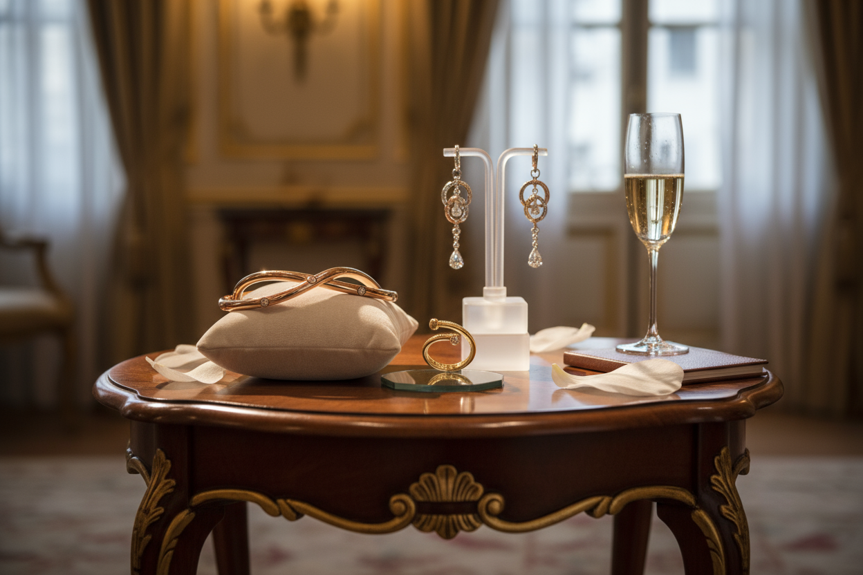 bijoux cartier bracelet bague et boucles doreilles sur une table chic